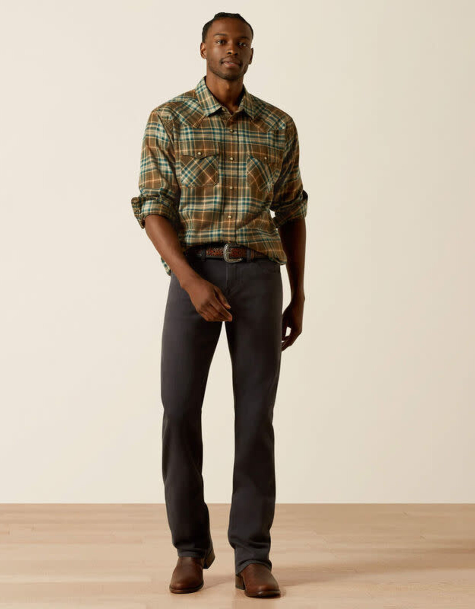 Ariat Mens Ariat Dark Green Henry Retro Snap Brushed Cotton Plaid  Long Sleeve Western Shirt