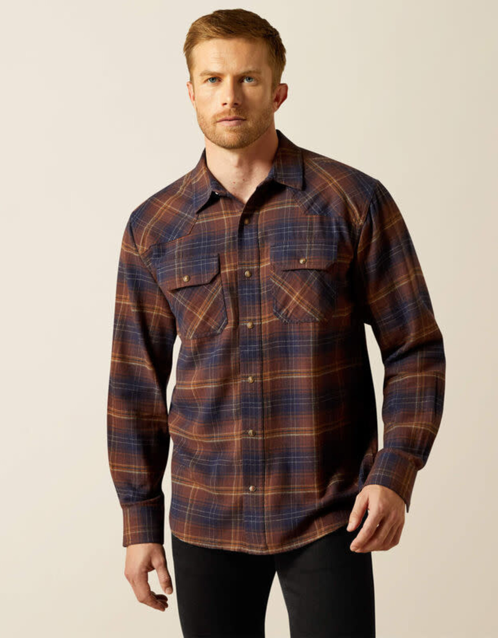 Ariat Mens Ariat Dark Brown Harleigh Retro Snap Brushed Cotton Plaid  Long Sleeve Western Shirt ~ Big & Tall