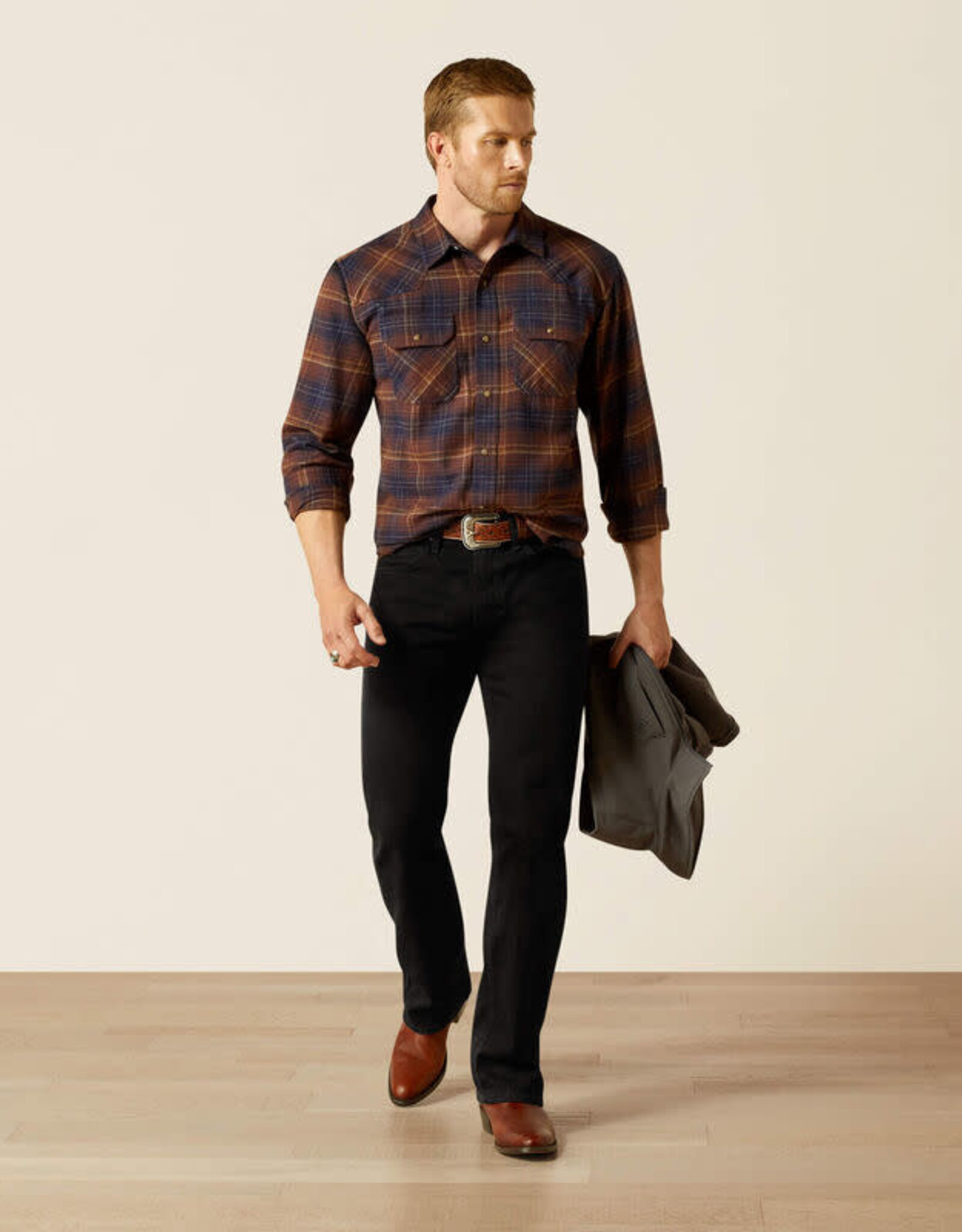 Ariat Mens Ariat Dark Brown Harleigh Retro Snap Brushed Cotton Plaid  Long Sleeve Western Shirt ~ Big & Tall