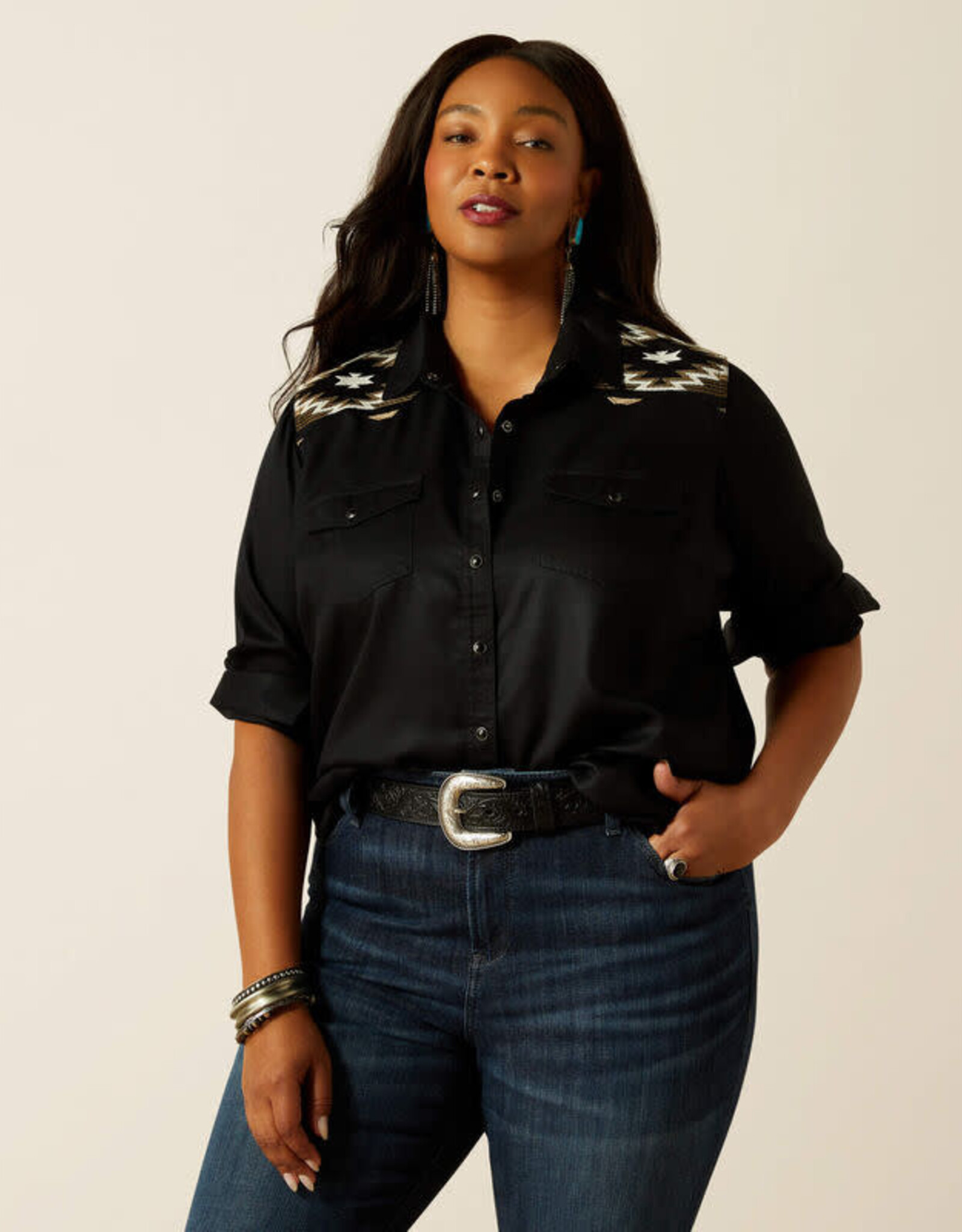 Ariat Womens Ariat Black Embroidered Yoke Long Sleeve Button Western Shirt ~ Plus Sizes