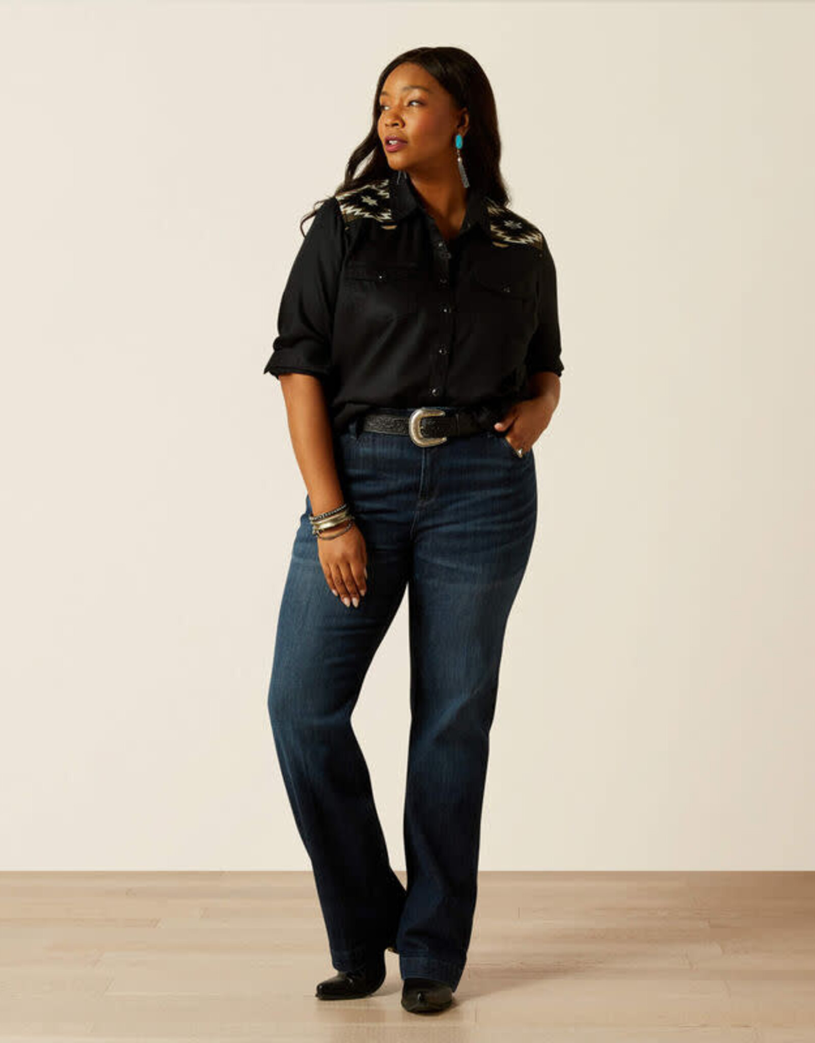 Ariat Womens Ariat Black Embroidered Yoke Long Sleeve Button Western Shirt ~ Plus Sizes