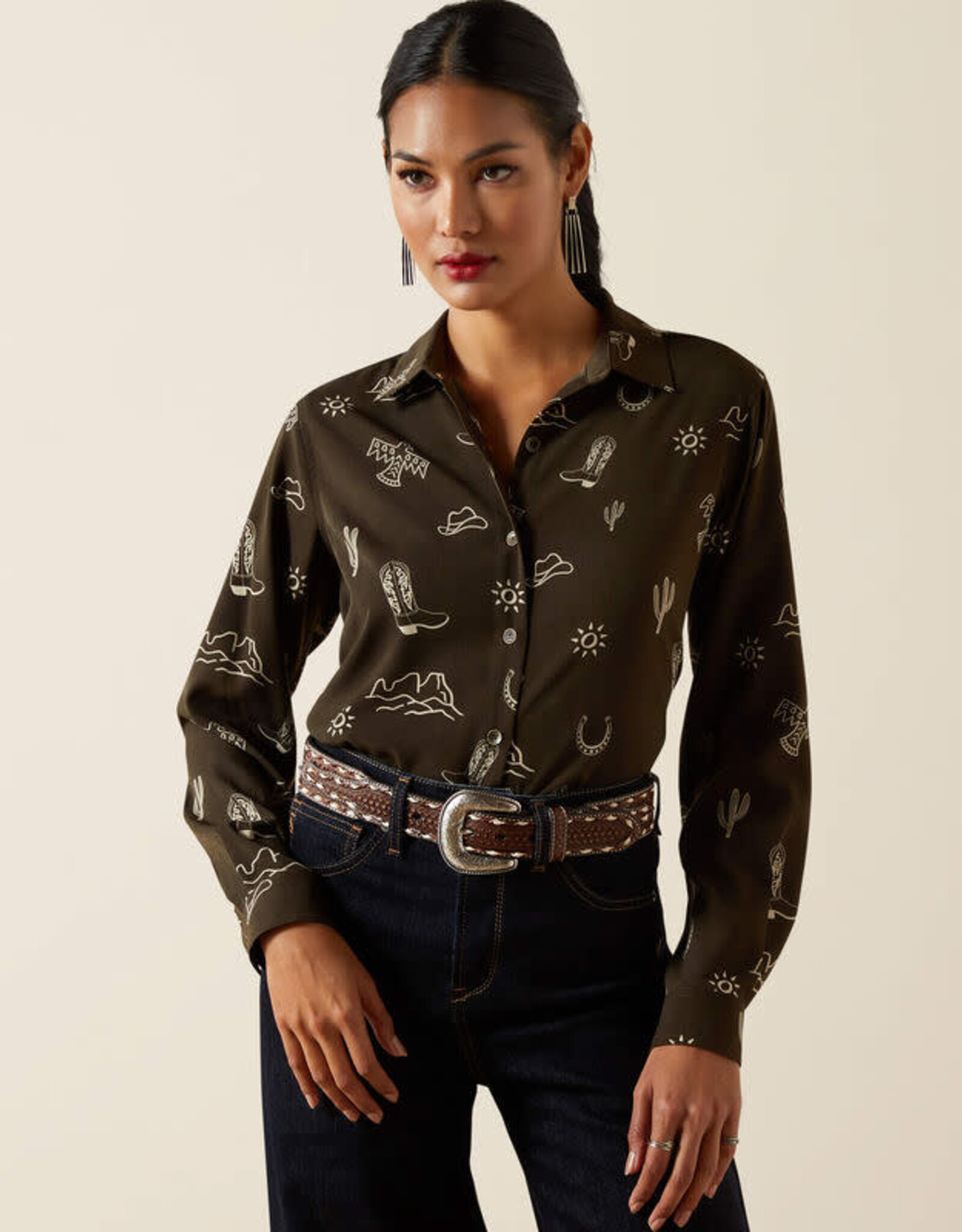 Ariat Womens Ariat Olive Western Motif Long Sleeve Button Western Shirt