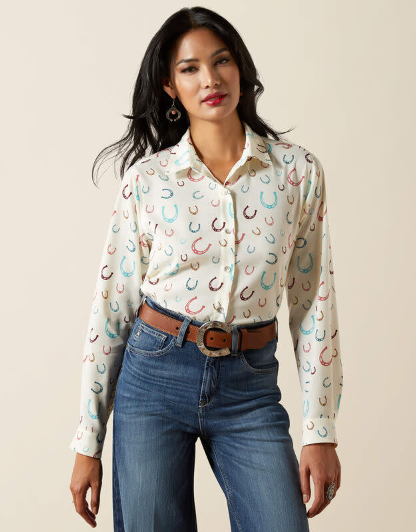 Ariat Womens Ariat Cream Horseshoe Motif Long Sleeve Button Western Shirt