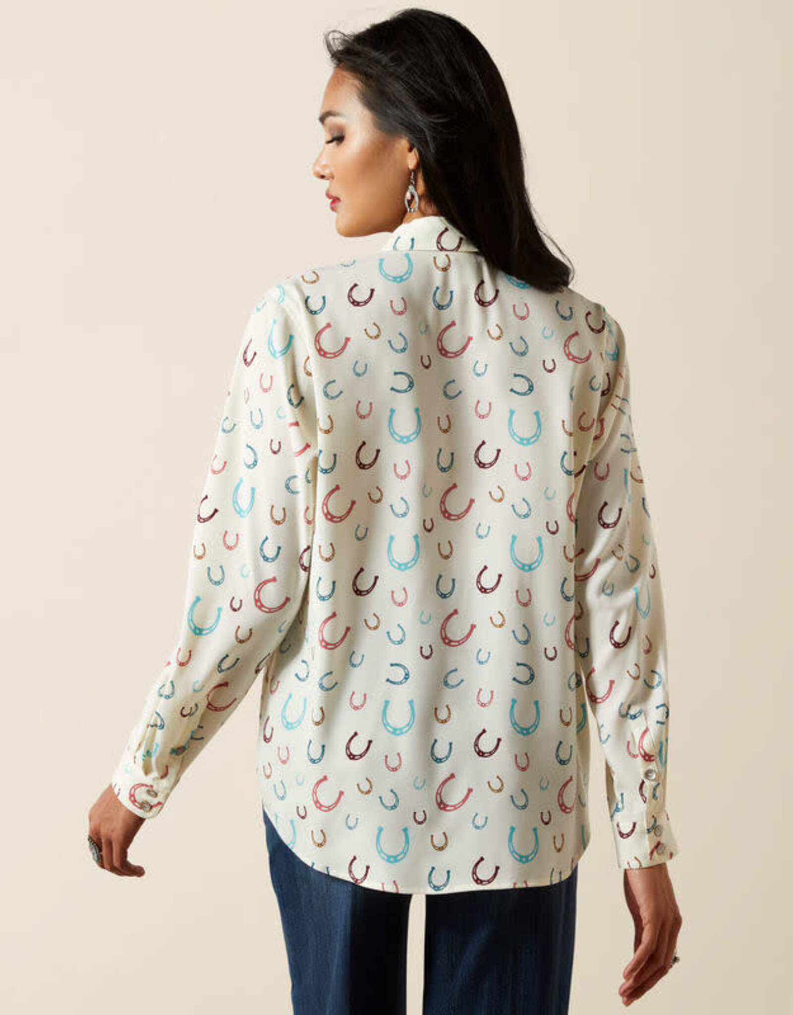 Ariat Womens Ariat Cream Horseshoe Motif Long Sleeve Button Western Shirt