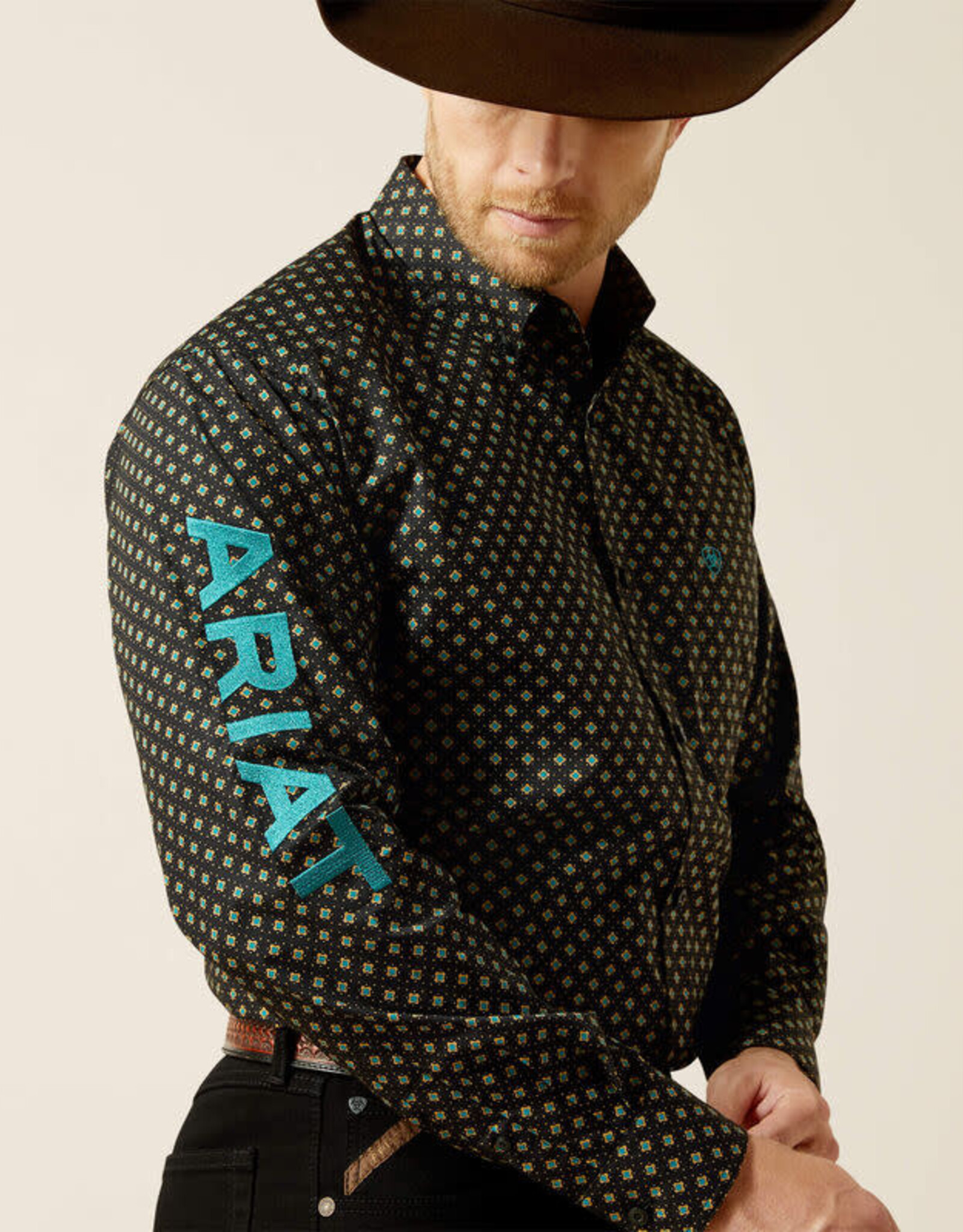 Ariat Mens Ariat Black and Teal Team Logo Long Sleeve Western Button Shirt