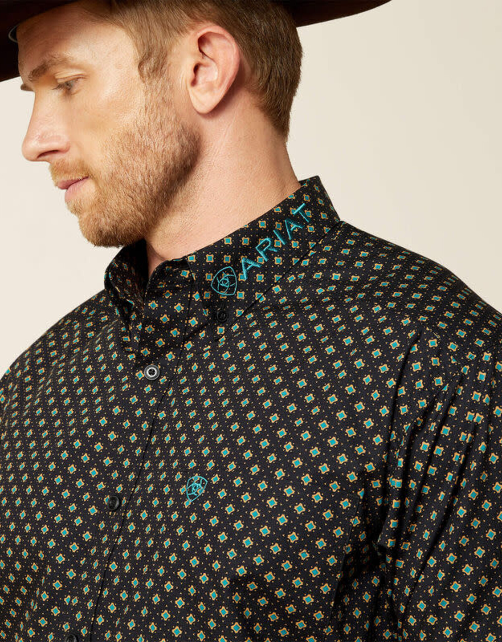 Ariat Mens Ariat Black and Teal Team Logo Long Sleeve Western Button Shirt