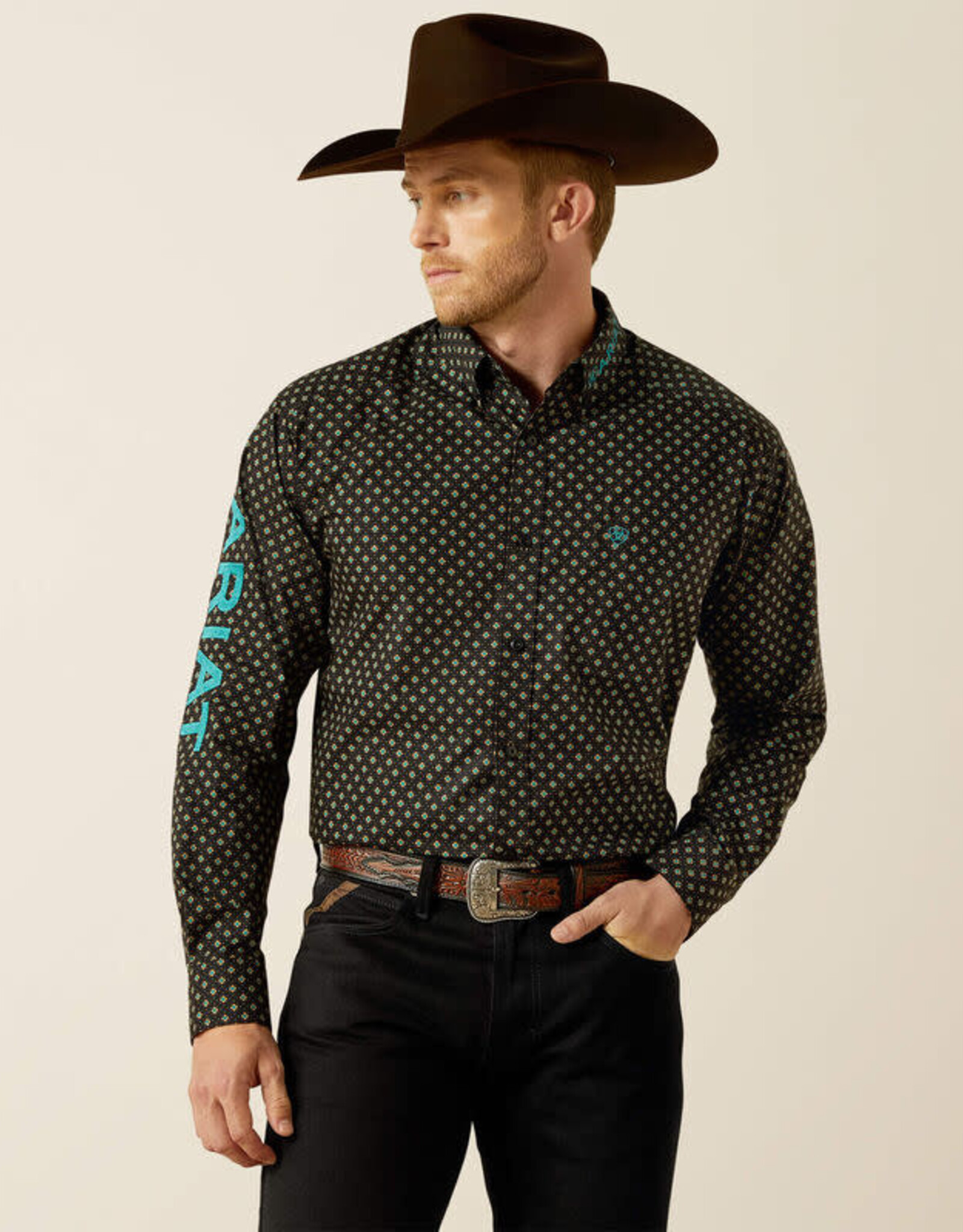 Ariat Mens Ariat Black and Teal Team Logo Long Sleeve Western Button Shirt