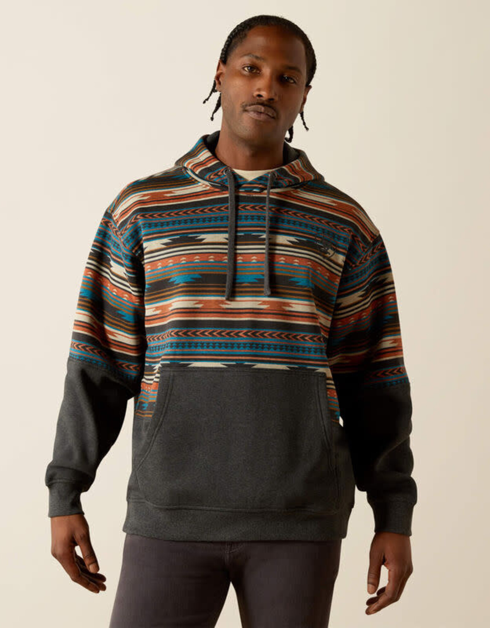 Ariat Ariat Mens Grey Aztec Color Block Pullover Hoodie