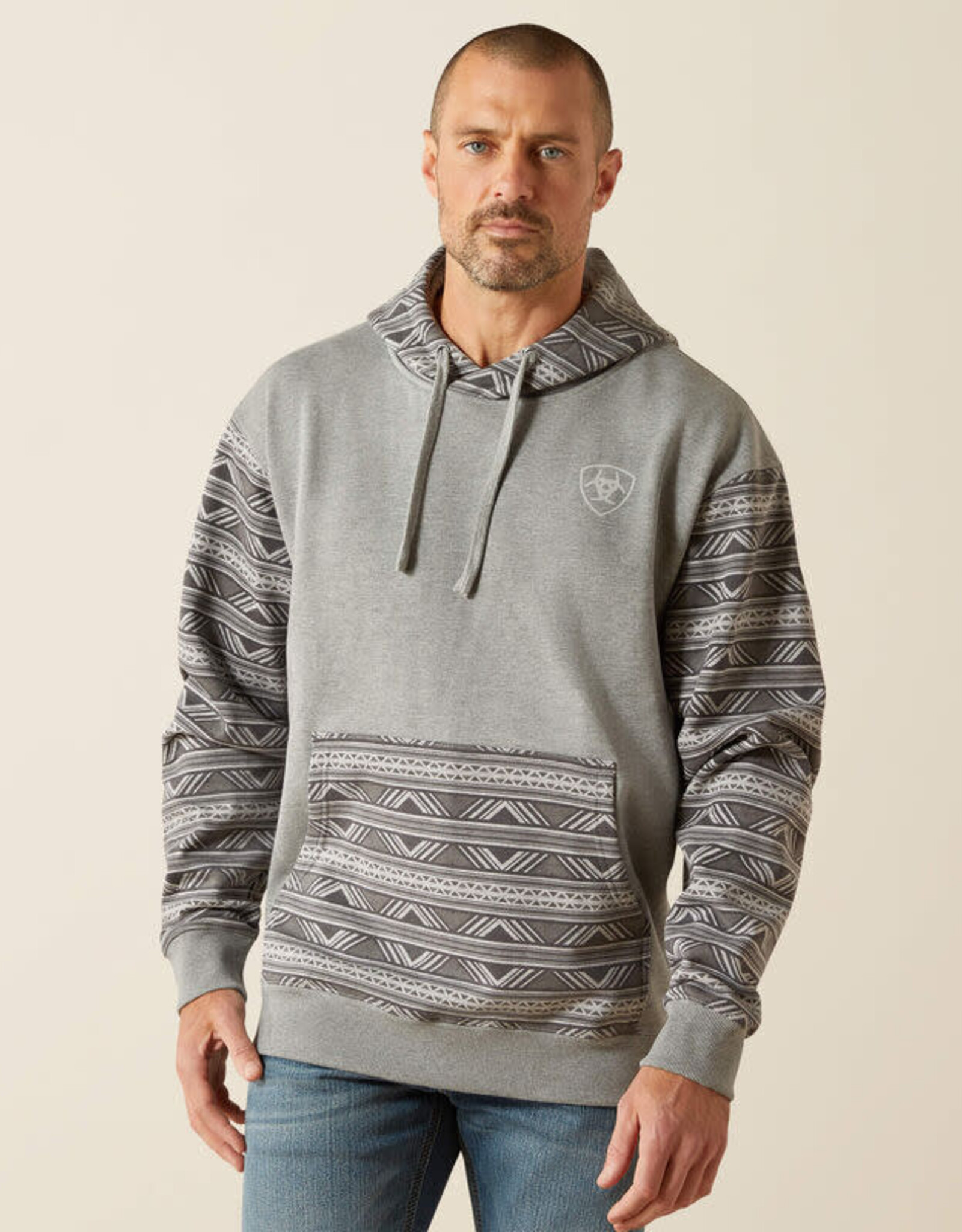 Ariat Ariat Mens Light Grey Aztec Color Block Pullover Hoodie