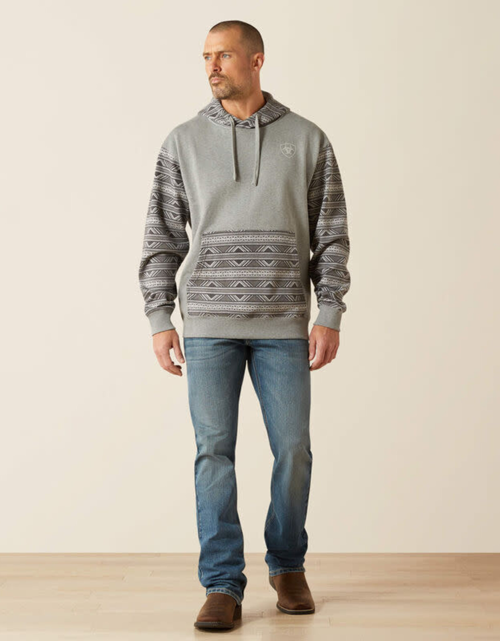 Ariat Ariat Mens Light Grey Aztec Color Block Pullover Hoodie
