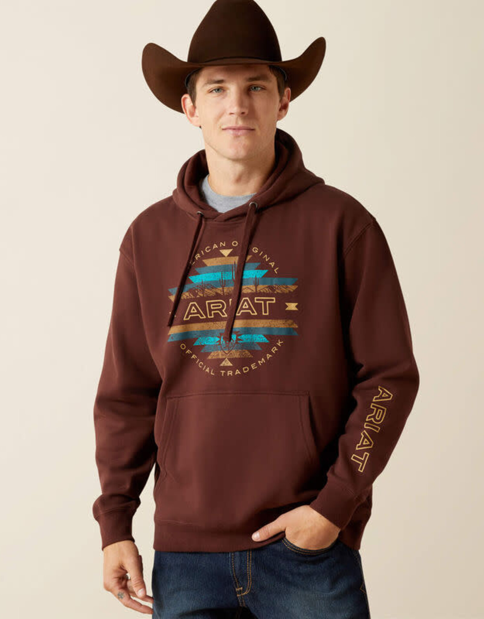 Ariat Ariat Mens Brown Turquoise Aztec Logo Western Pullover Hoodie