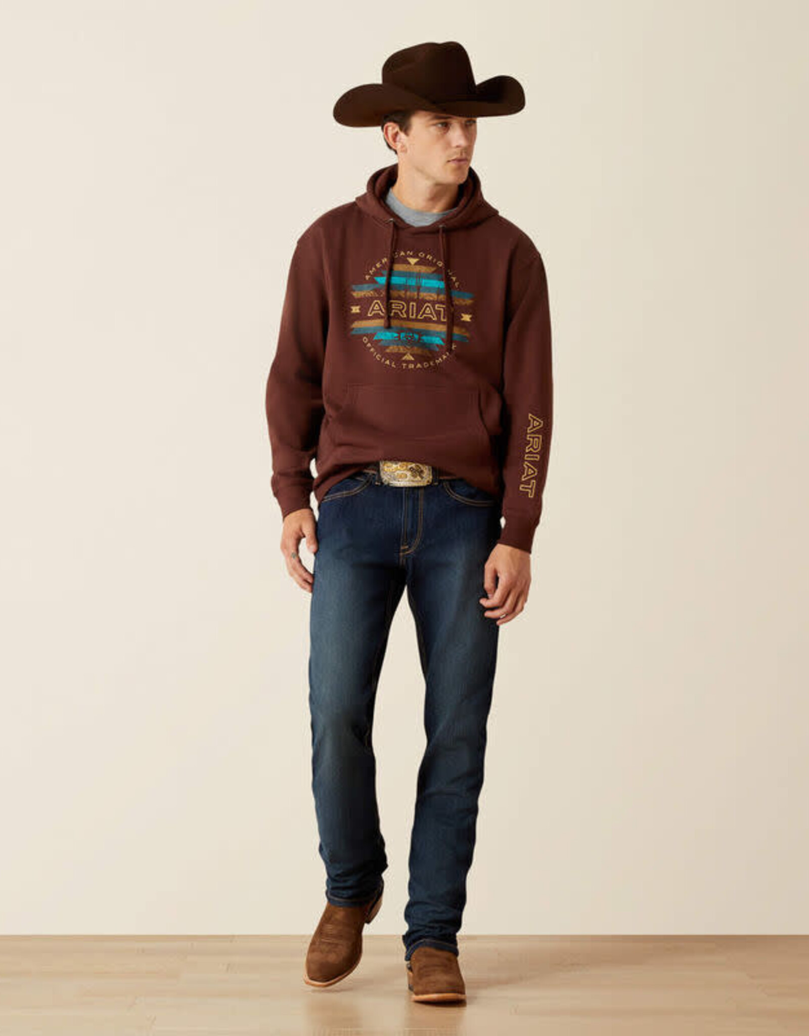 Ariat Ariat Mens Brown Turquoise Aztec Logo Western Pullover Hoodie