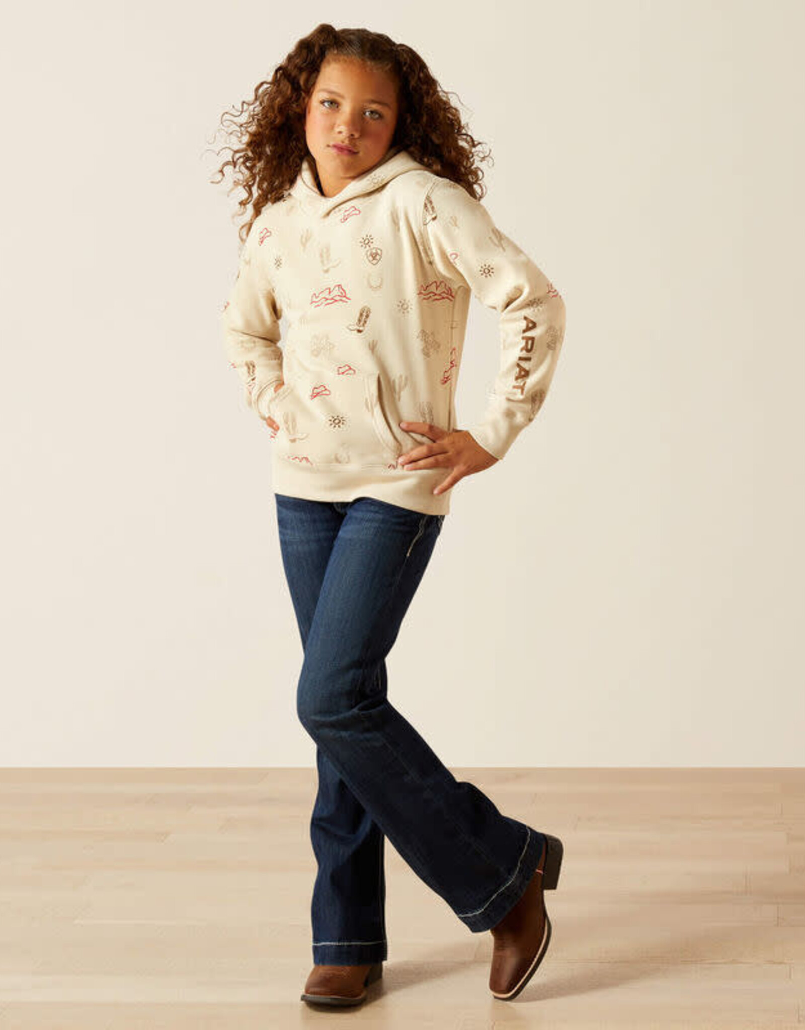 Ariat Girls Ariat Tan Western Motif Pullover Hoodie