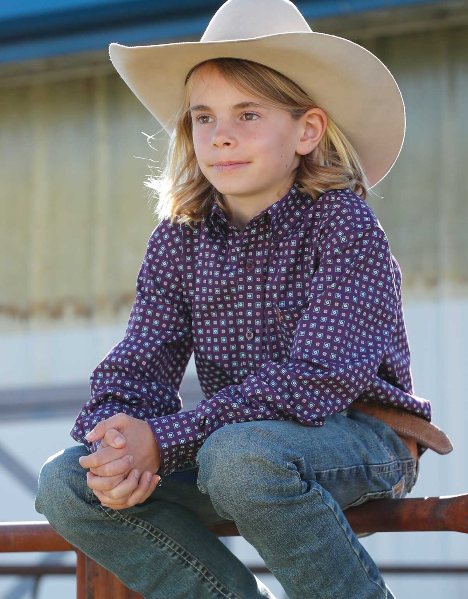 Cinch Boys Cinch Deep Purple Geo Print Long Sleeve Button Western Shirt