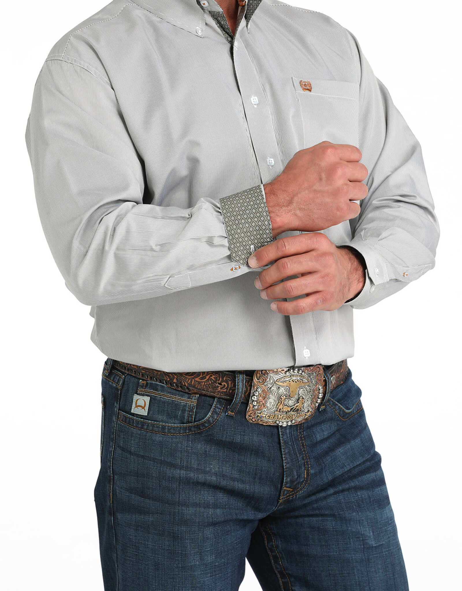 Cinch Mens Cinch Olive Pinstripe Tencel Long Sleeve Western Button Arena Shirt