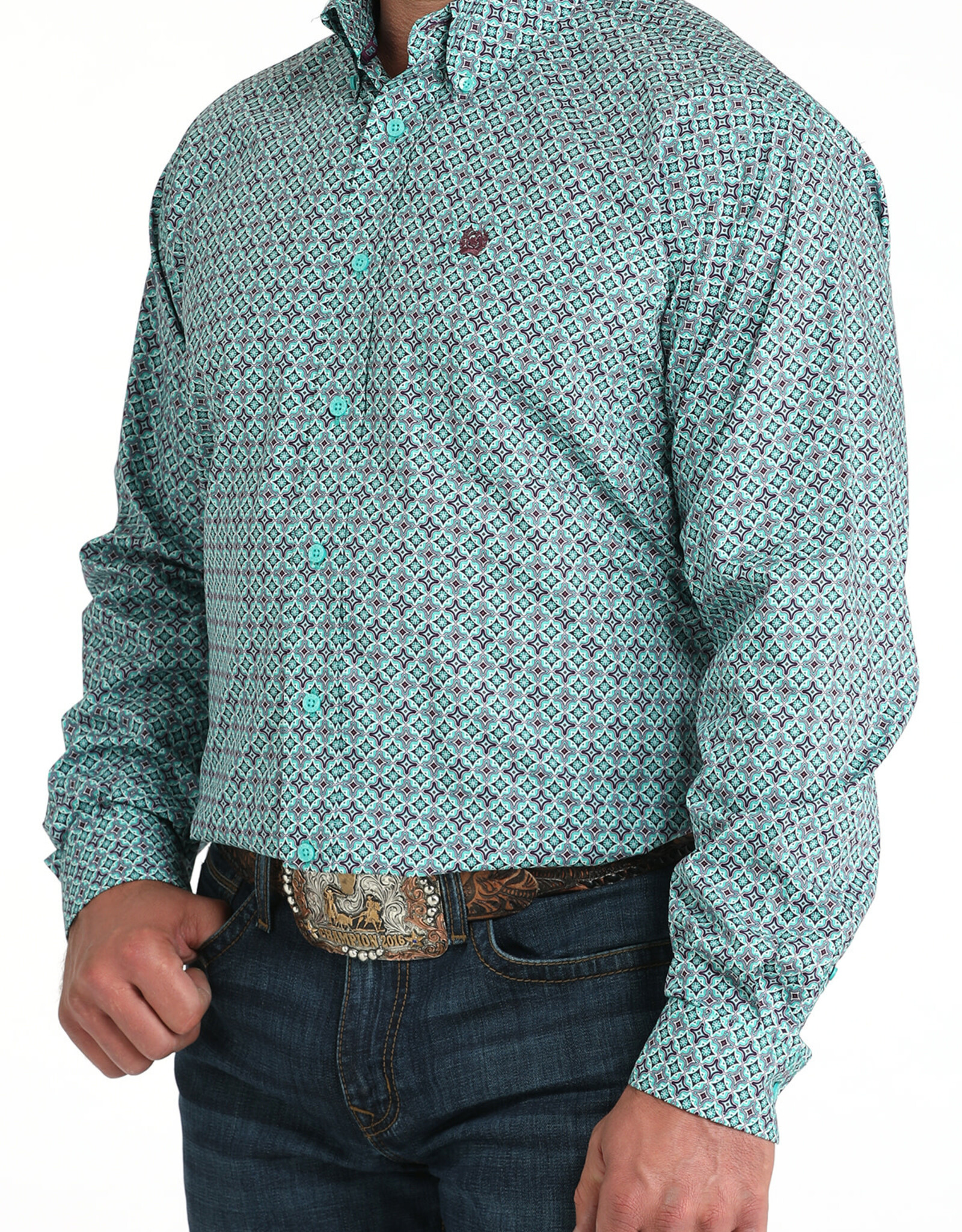 Cinch Mens Cinch Turquoise Purple Print Long Sleeve Western Button Arena Shirt