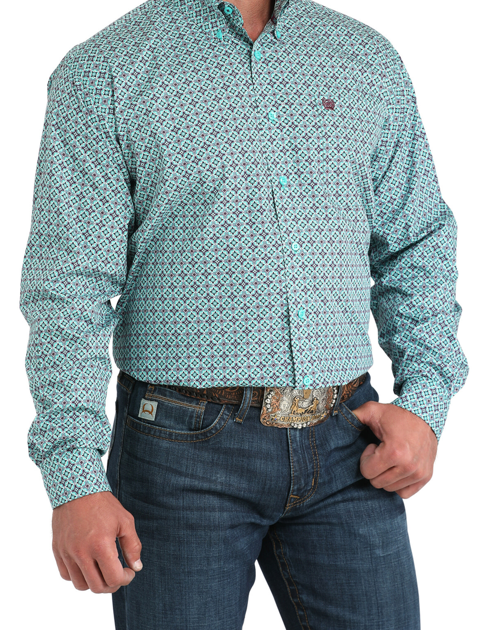 Cinch Mens Cinch Turquoise Purple Print Long Sleeve Western Button Arena Shirt