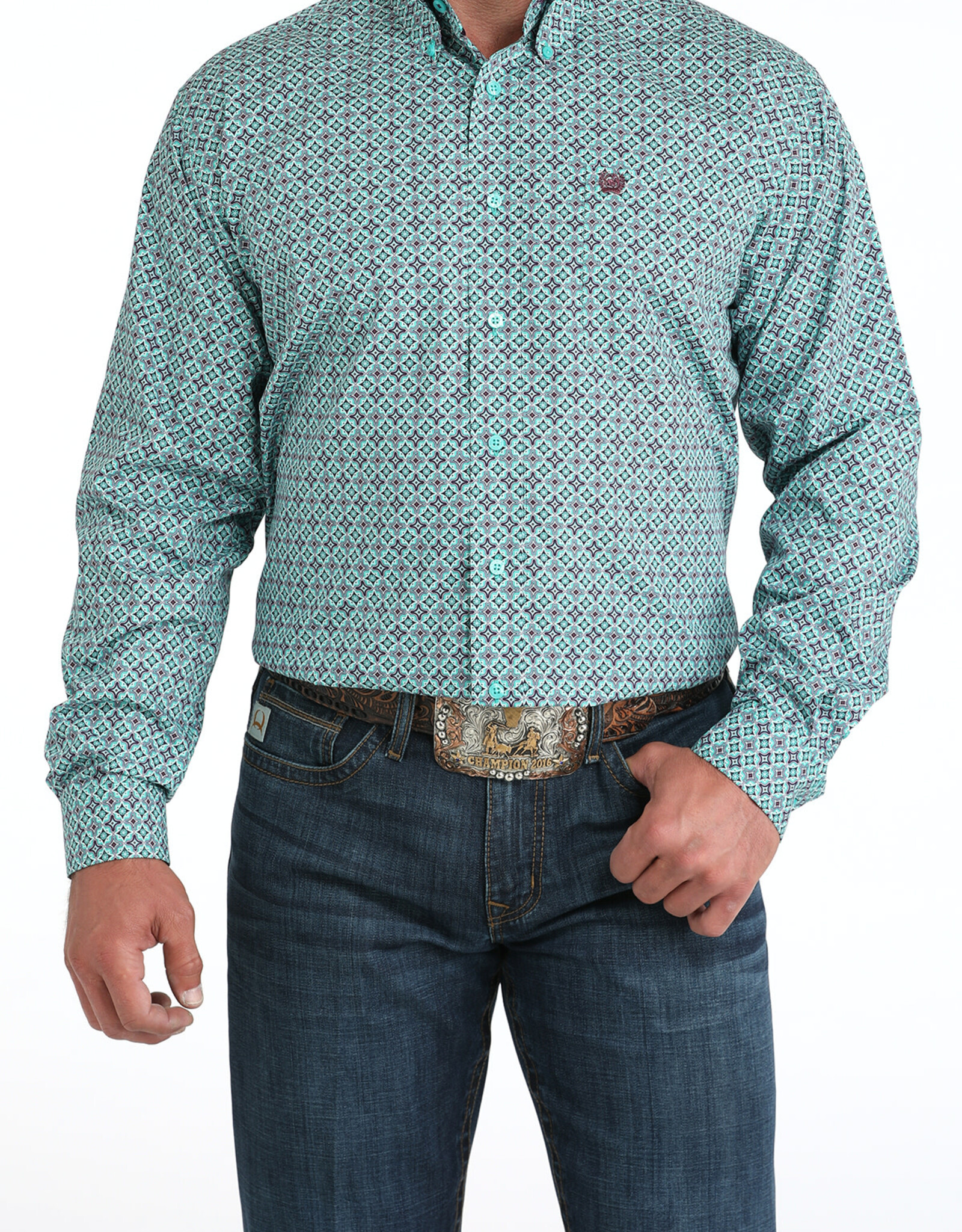 Cinch Mens Cinch Turquoise Purple Print Long Sleeve Western Button Arena Shirt