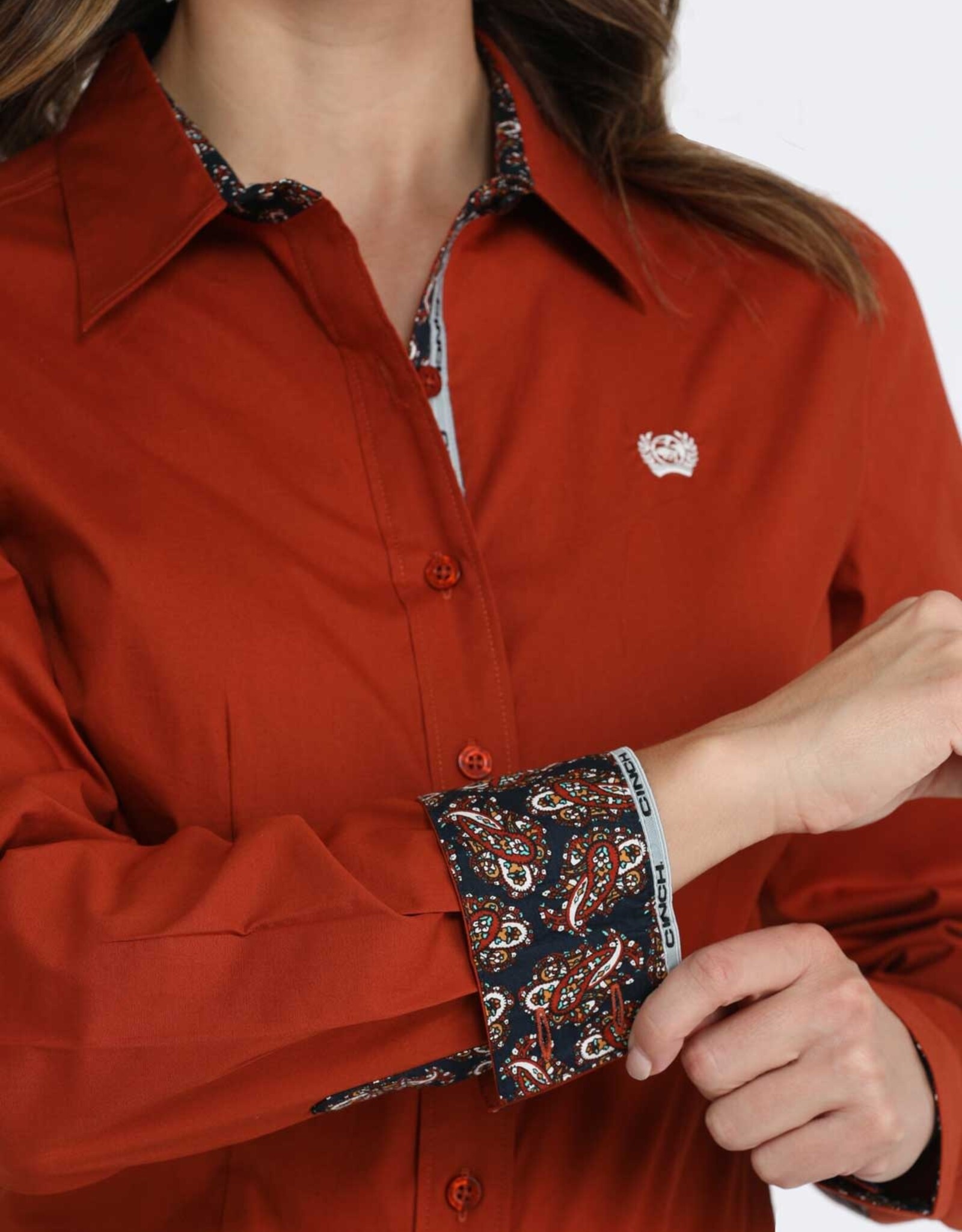 Cinch Womens Cinch Solid Deep Rusty Red Long Sleeve Button Stretch Western Arena Shirt