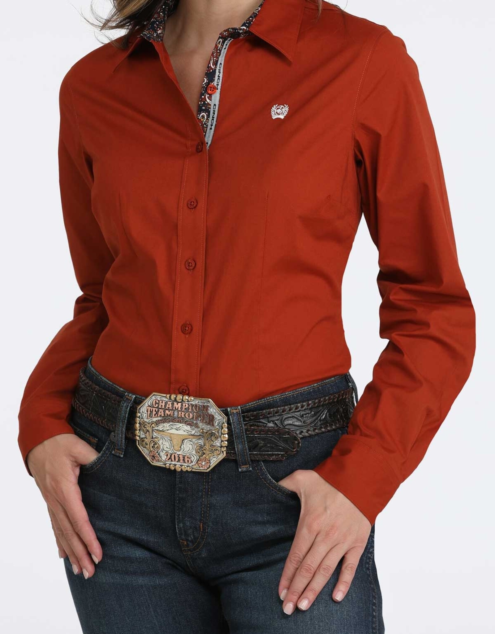Cinch Womens Cinch Solid Deep Rusty Red Long Sleeve Button Stretch Western Arena Shirt