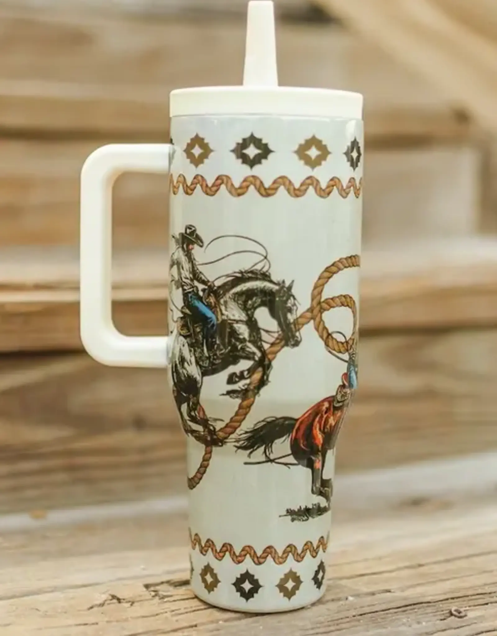 40oz Vintage Roping Cowboy Insulated Tumbler With Handle And Built In Straw