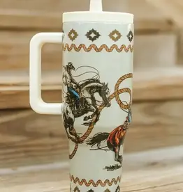 40oz Vintage Roping Cowboy Insulated Tumbler With Handle And Built In Straw