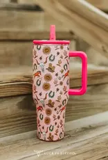 40oz Pink Western Motifs Insulated Tumbler With Handle And Built In Straw 40oz Pink Western Motifs Insulated Tumbler With Handle And Built In Straw