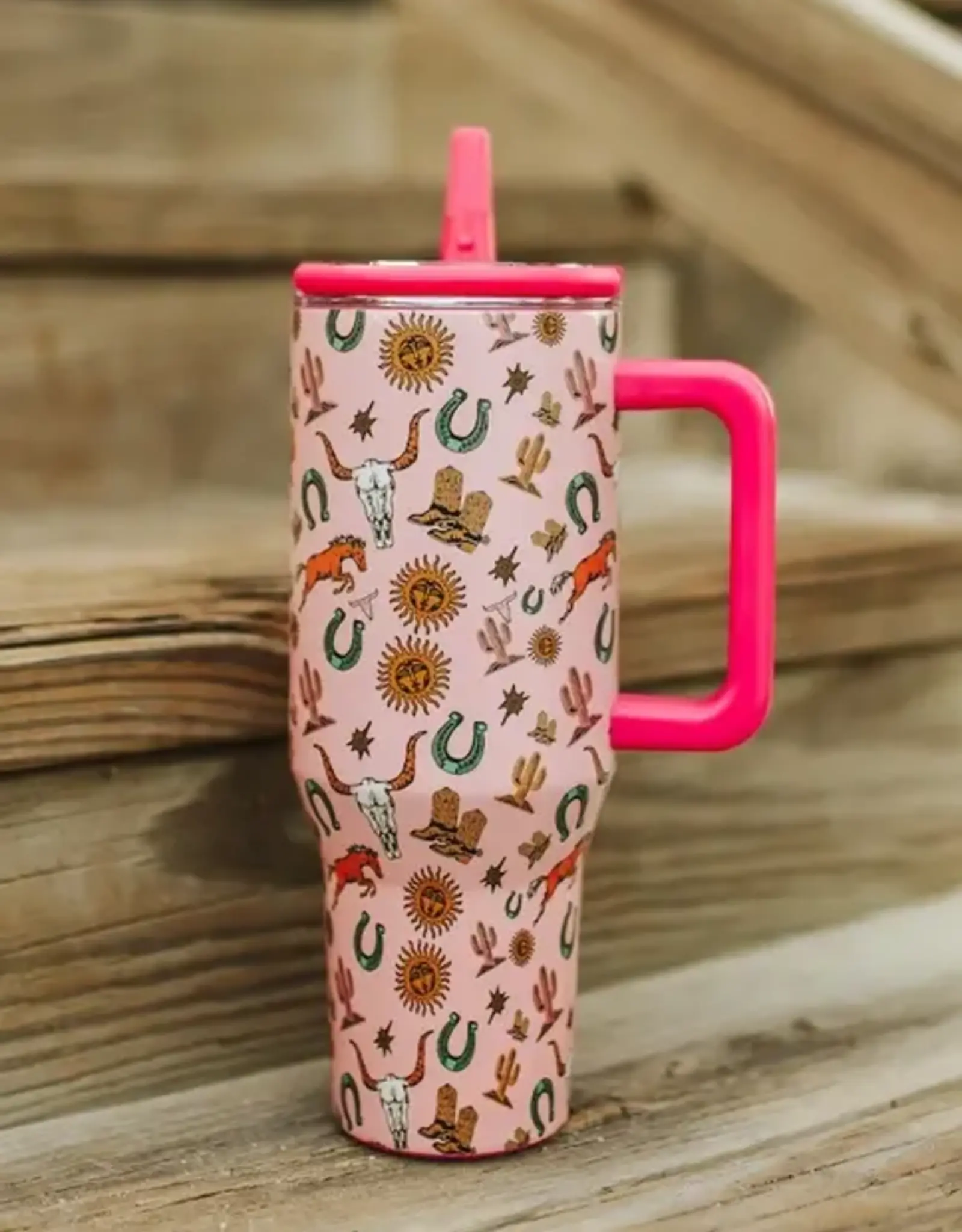 40oz Pink Western Motifs Insulated Tumbler With Handle And Built In Straw