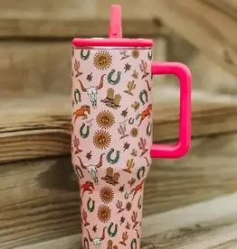40oz Pink Western Motifs Insulated Tumbler With Handle And Built In Straw