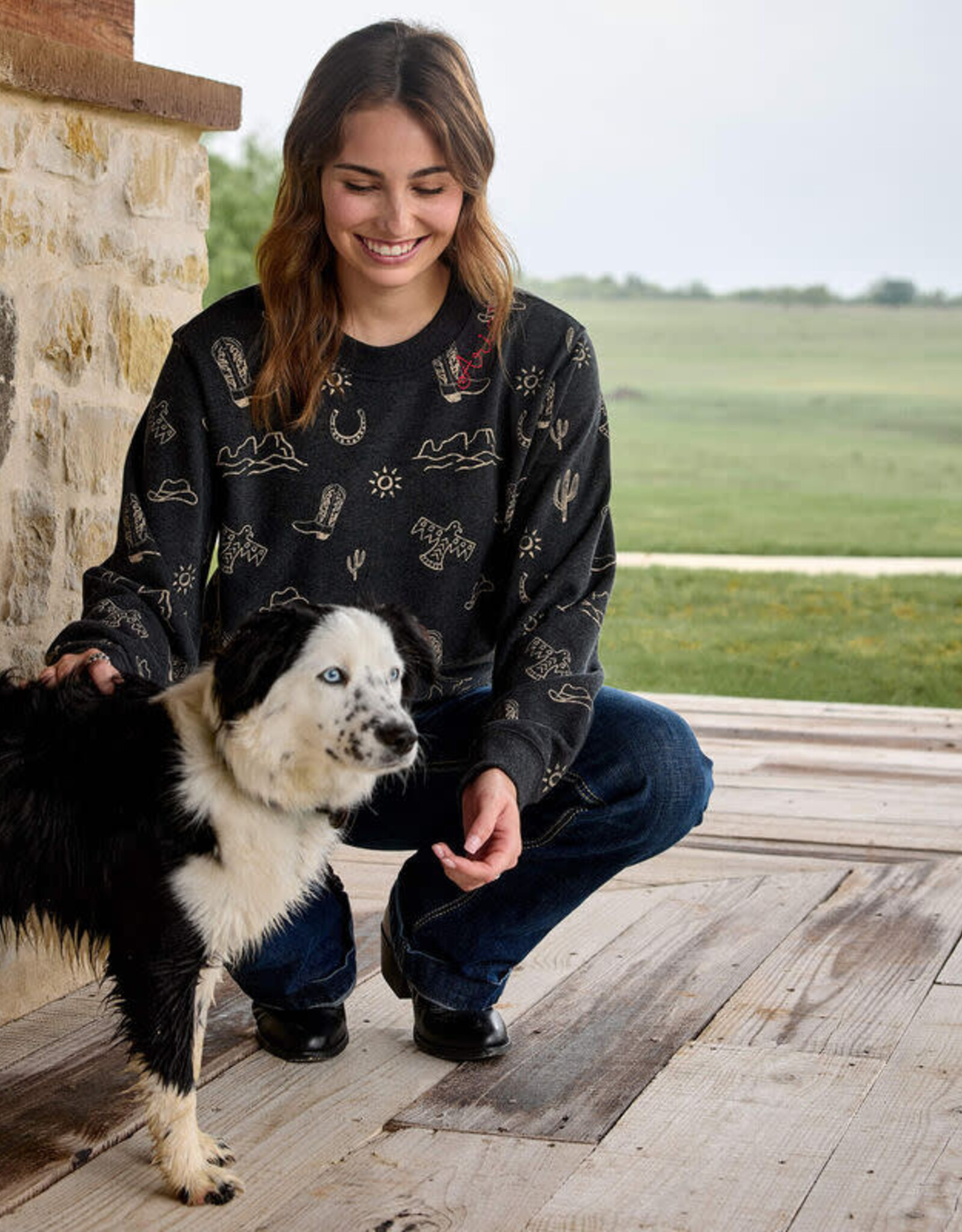 Ariat Womens Ariat Black Western Motif Crew Neck Sweatshirt