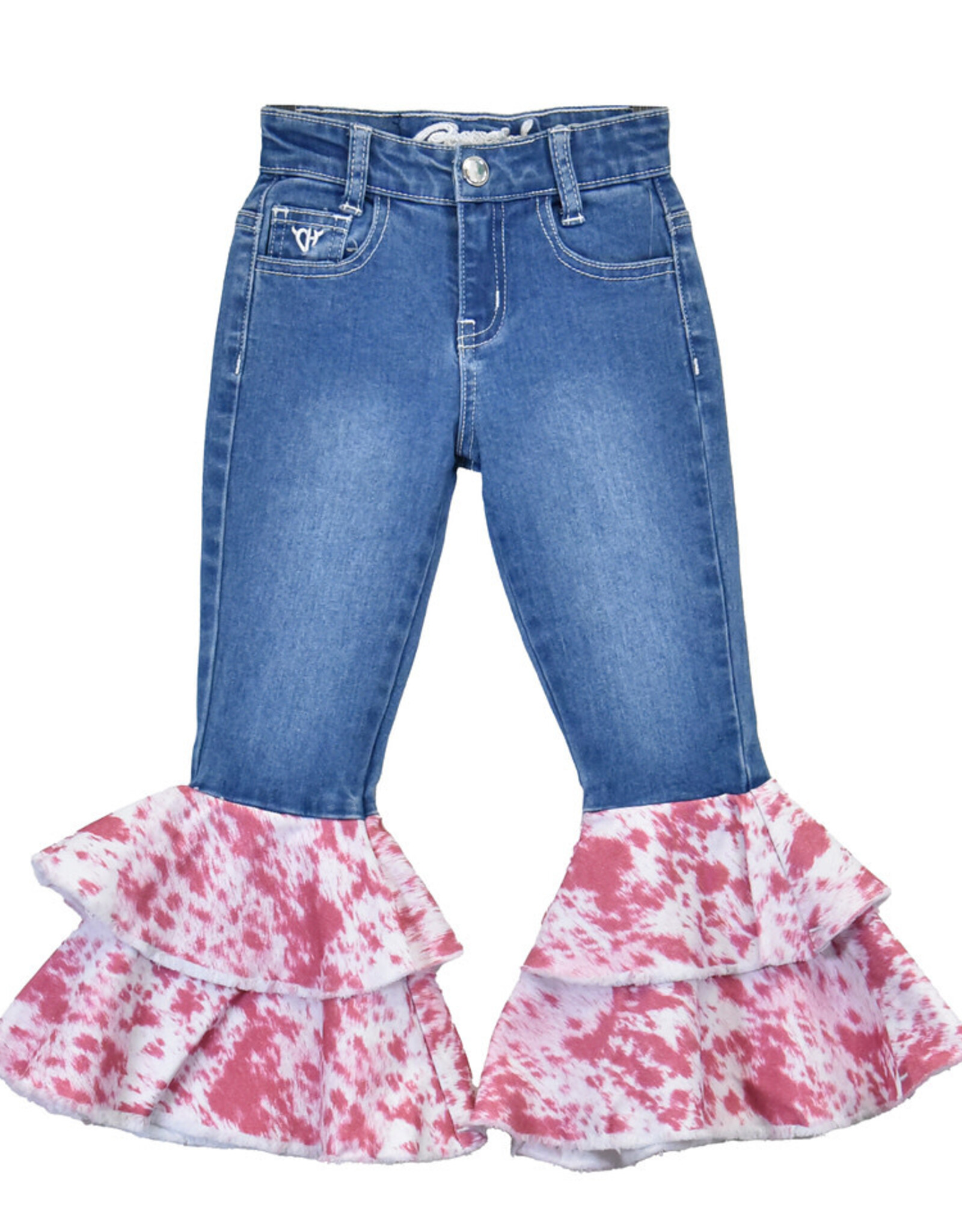 Girls Infant Toddler Pink Cowhide Double Ruffle Western Jeans