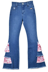 Girls Pink Cowhide Double Side Ruffle Flare Denim Jeans