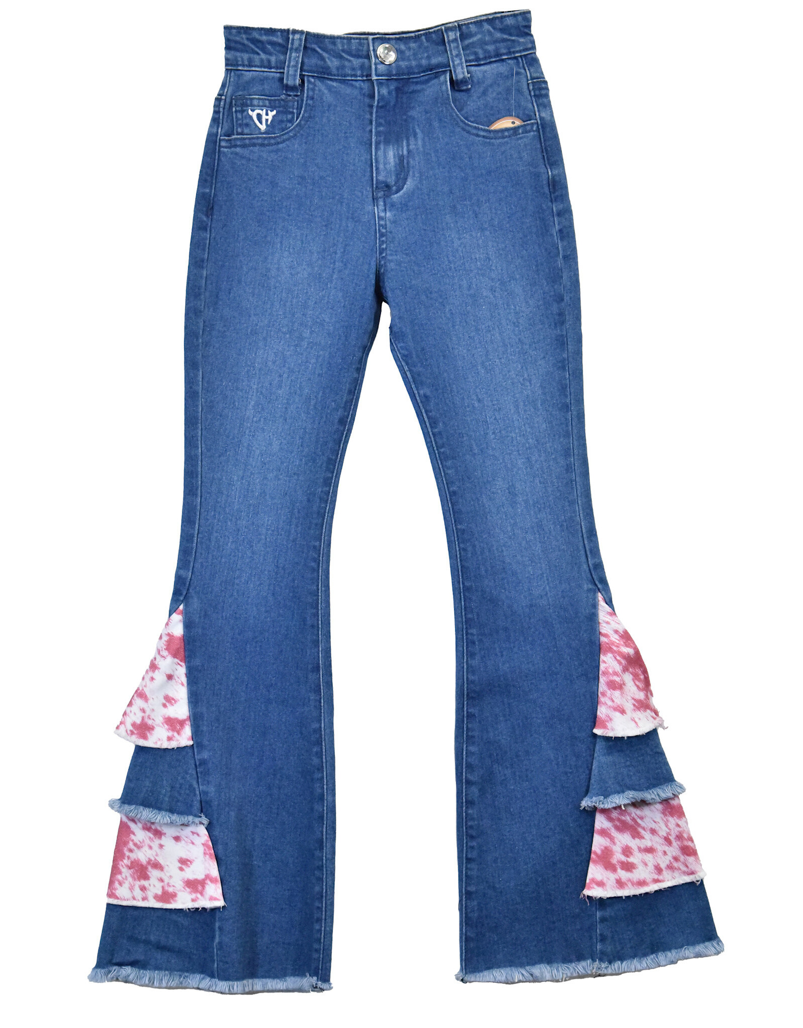 Girls Pink Cowhide Double Side Ruffle Flare Denim Jeans