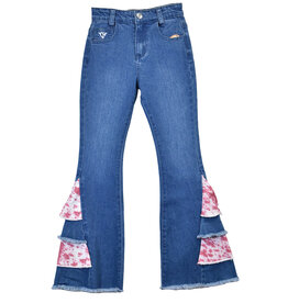 Girls Pink Cowhide Double Side Ruffle Flare Denim Jeans