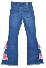 Girls Pink Cowhide Double Side Ruffle Flare Denim Jeans