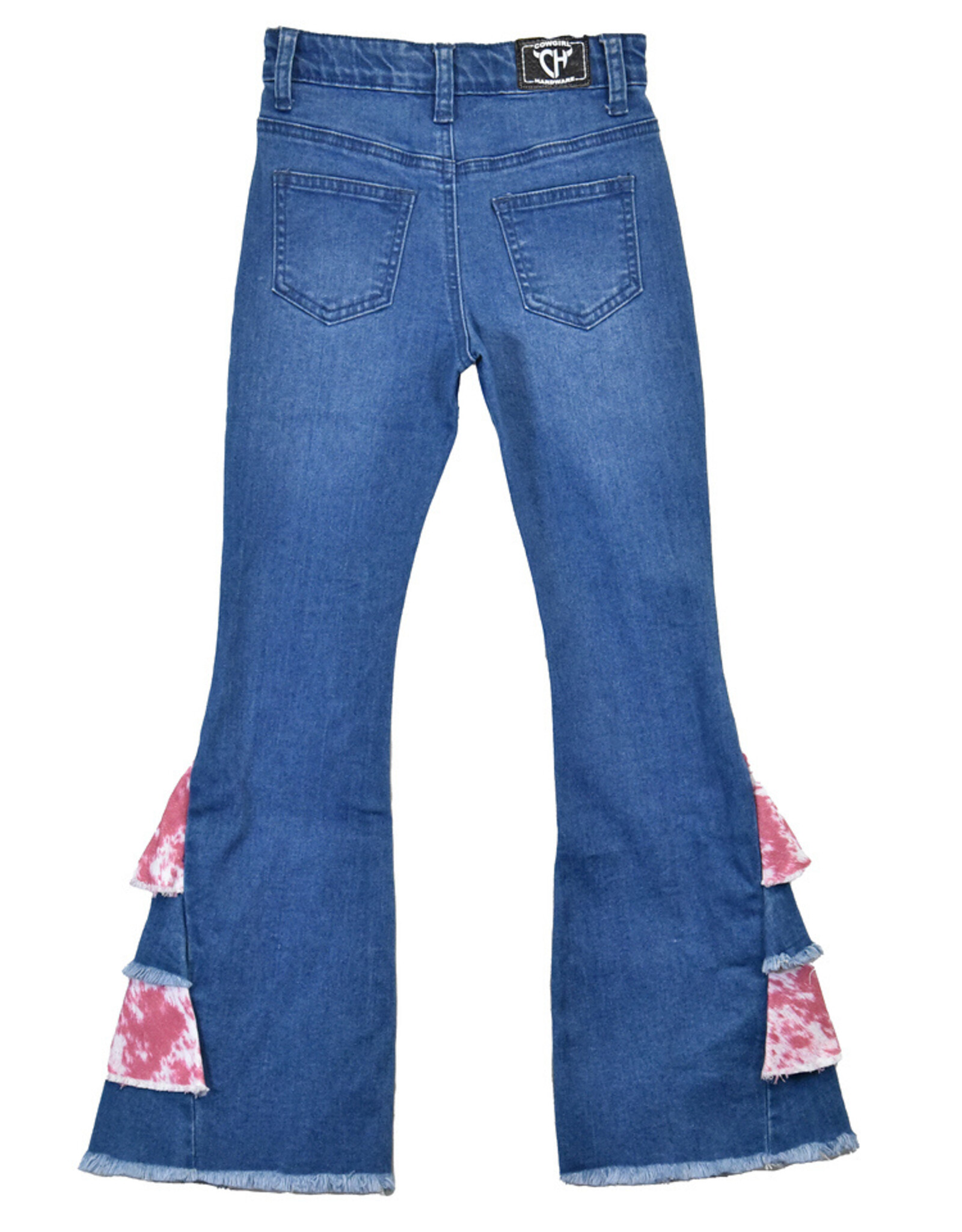 Girls Pink Cowhide Double Side Ruffle Flare Denim Jeans