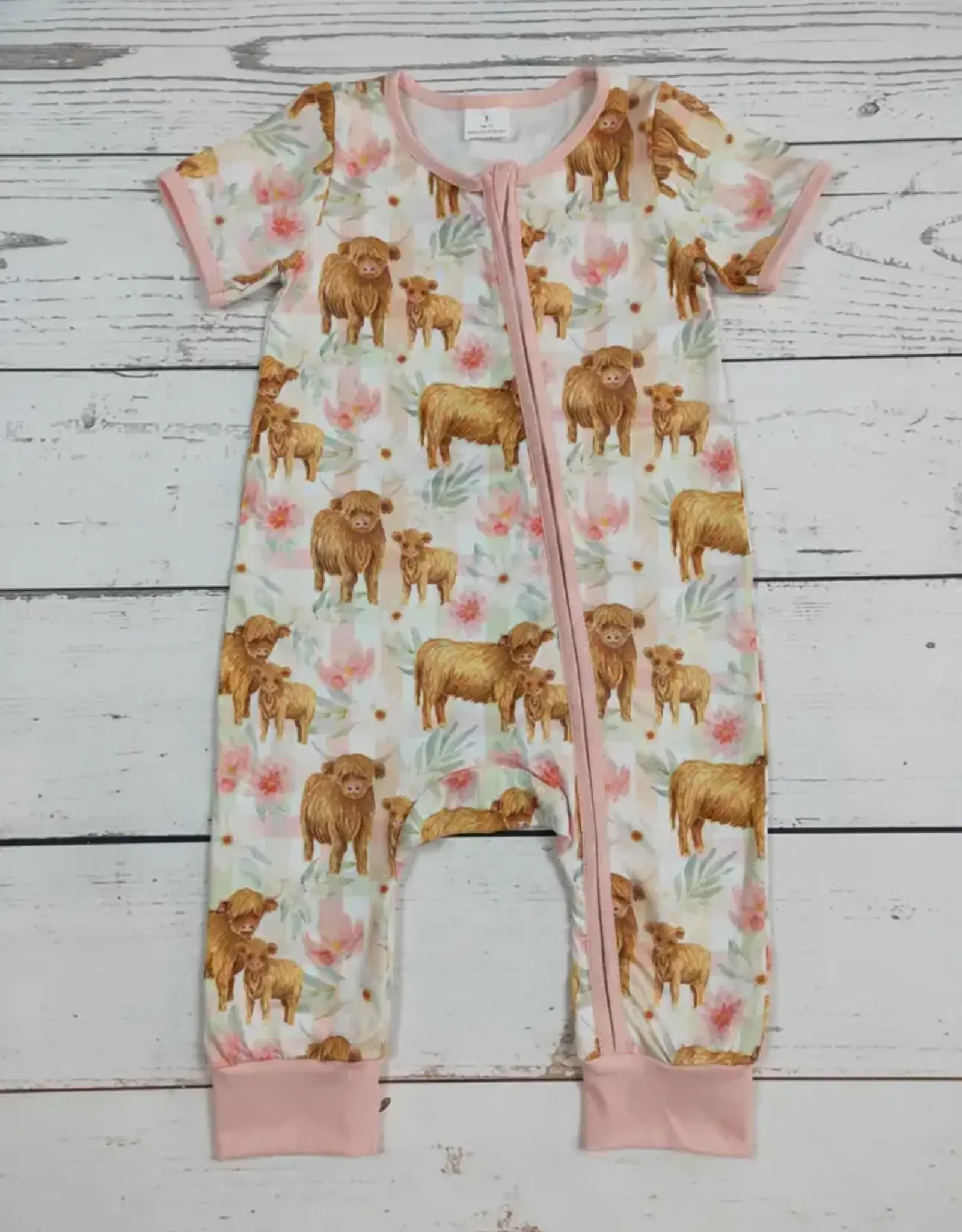 Sassy Kids Palace Baby Girls Pink Highlander Cow Zip Romper