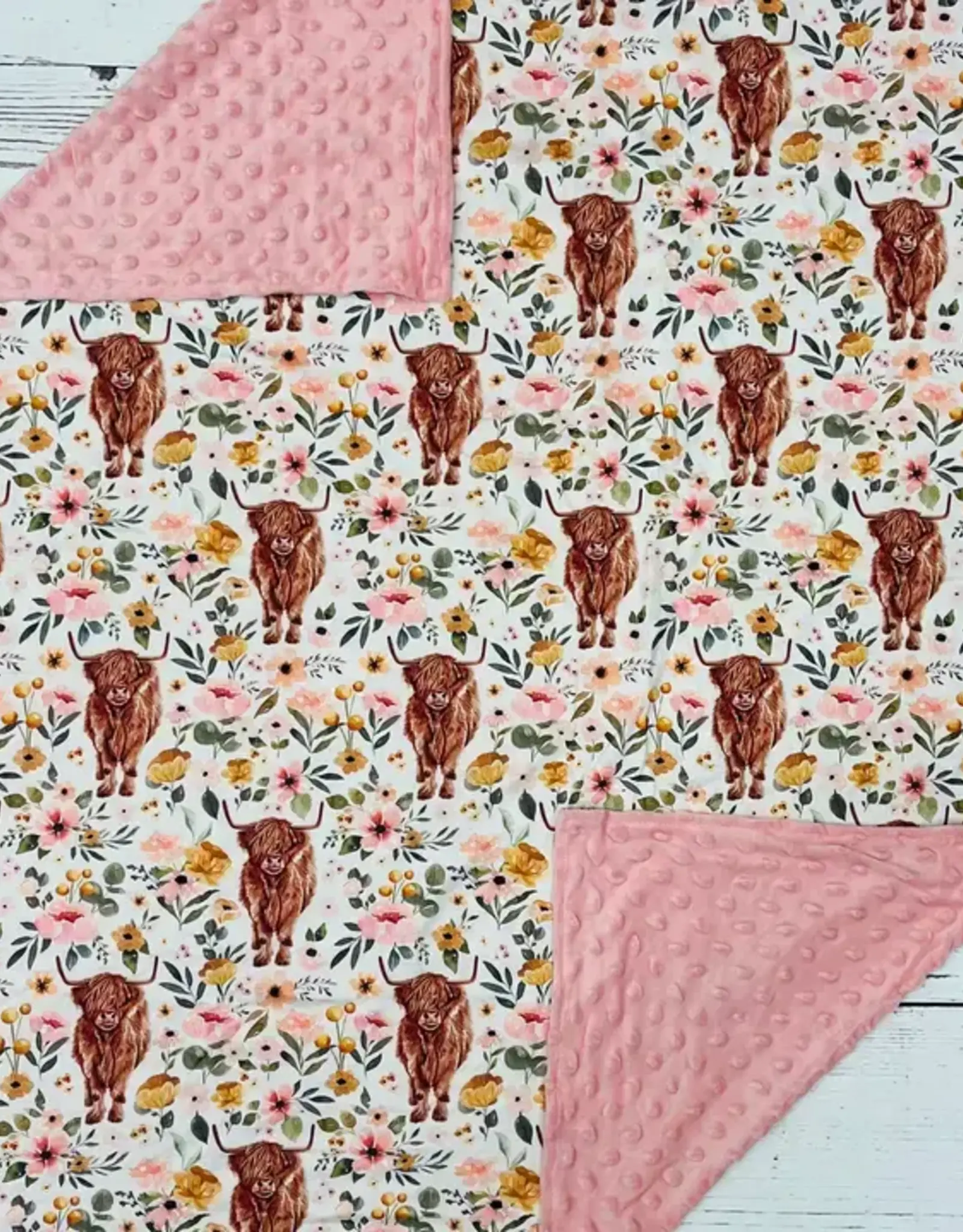 Sassy Kids Palace Baby Pink Highland Cows and Flowers Minky Blanket 29" x 43"