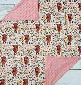 Sassy Kids Palace Baby Pink Highland Cows and Flowers Minky Blanket 29" x 43"
