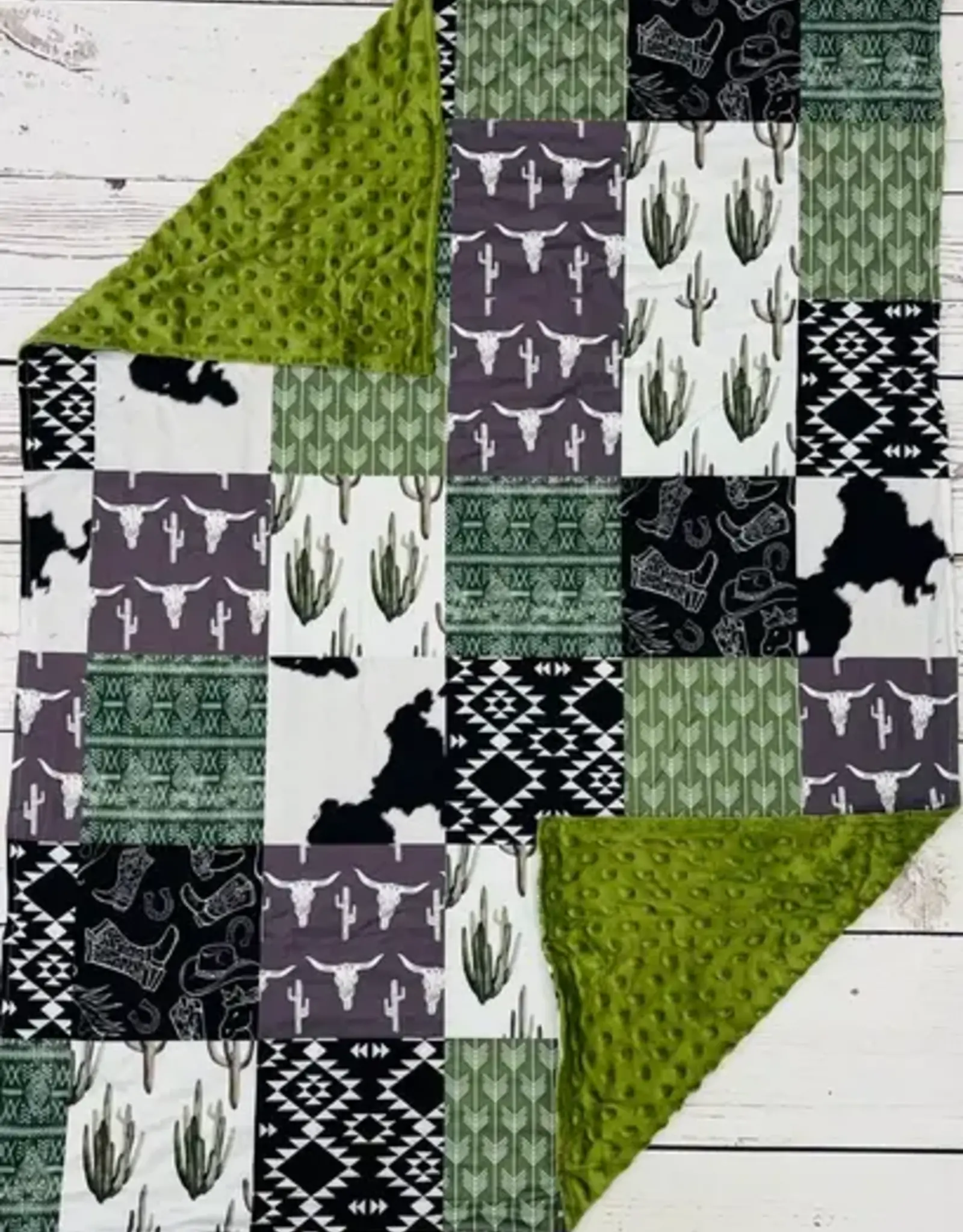 Sassy Kids Palace Olive Cows and Cactus Minky Baby Blanket 29" x 43"