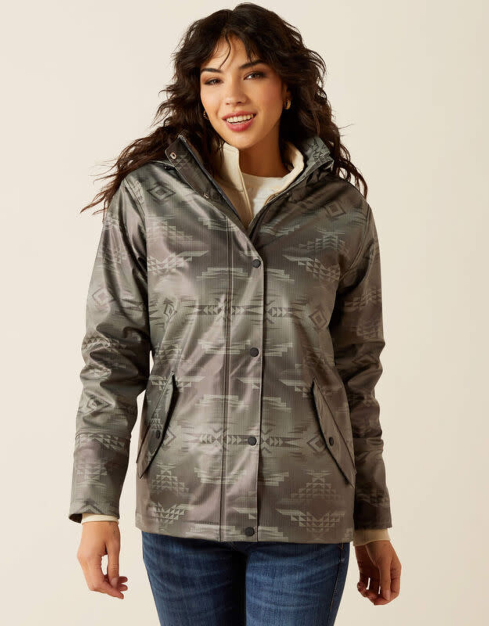 Ariat Ariats Womens Grey Aztec Drizzle Rain Slicker Jacket