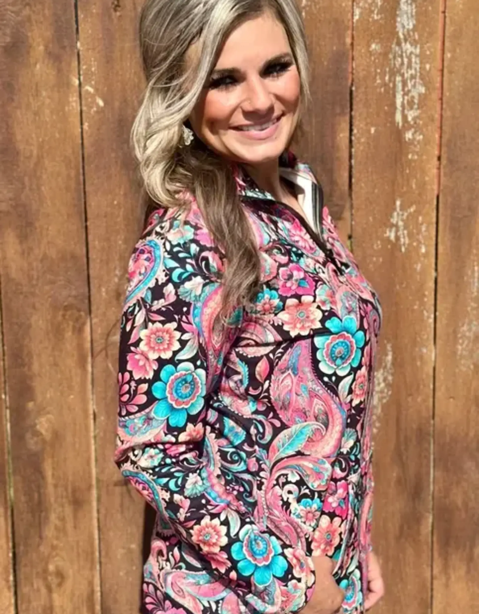 Midnight Bloom Pink Paisley Quarter Zip Pullover