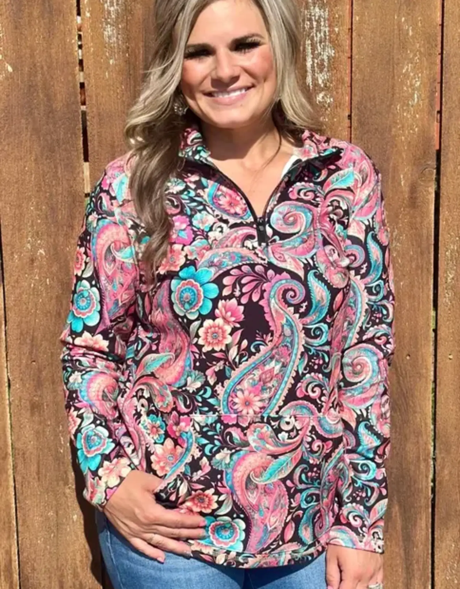 Midnight Bloom Pink Paisley Quarter Zip Pullover
