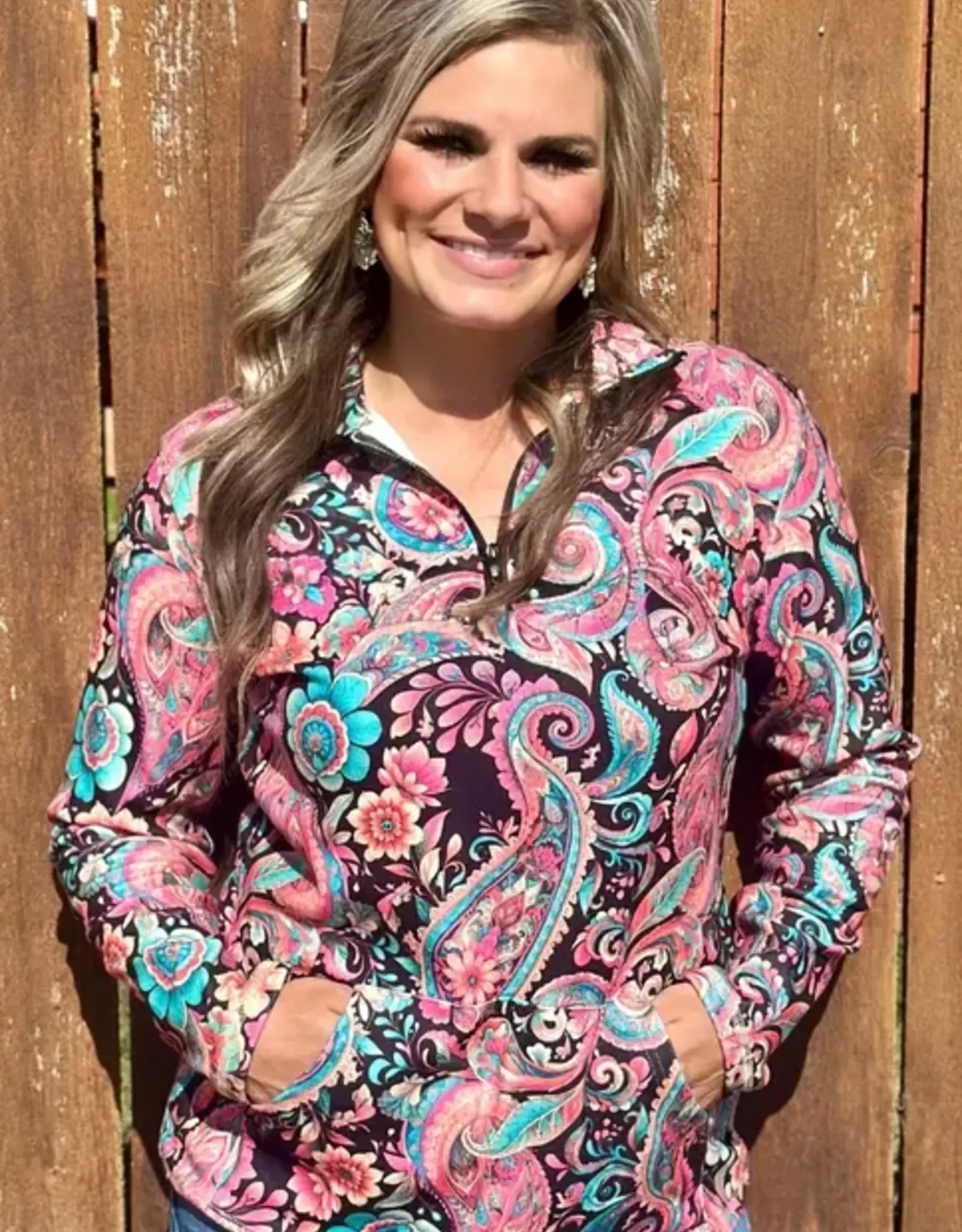 Midnight Bloom Pink Paisley Quarter Zip Pullover