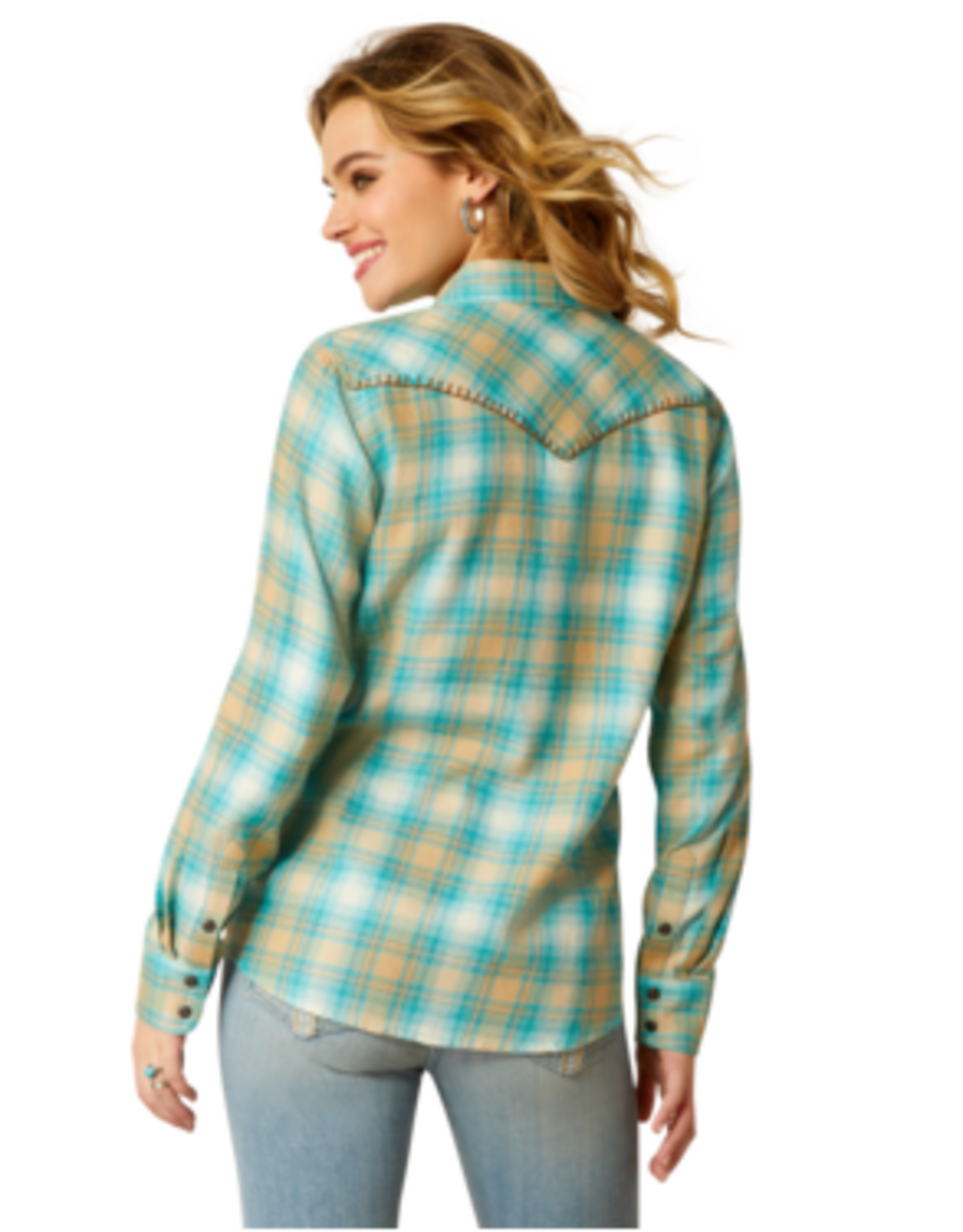 Ariat Womens Ariat Turquoise Tan Brushed Cotton Plaid Long Sleeve Button Shirt ~ Plus Sizes Available