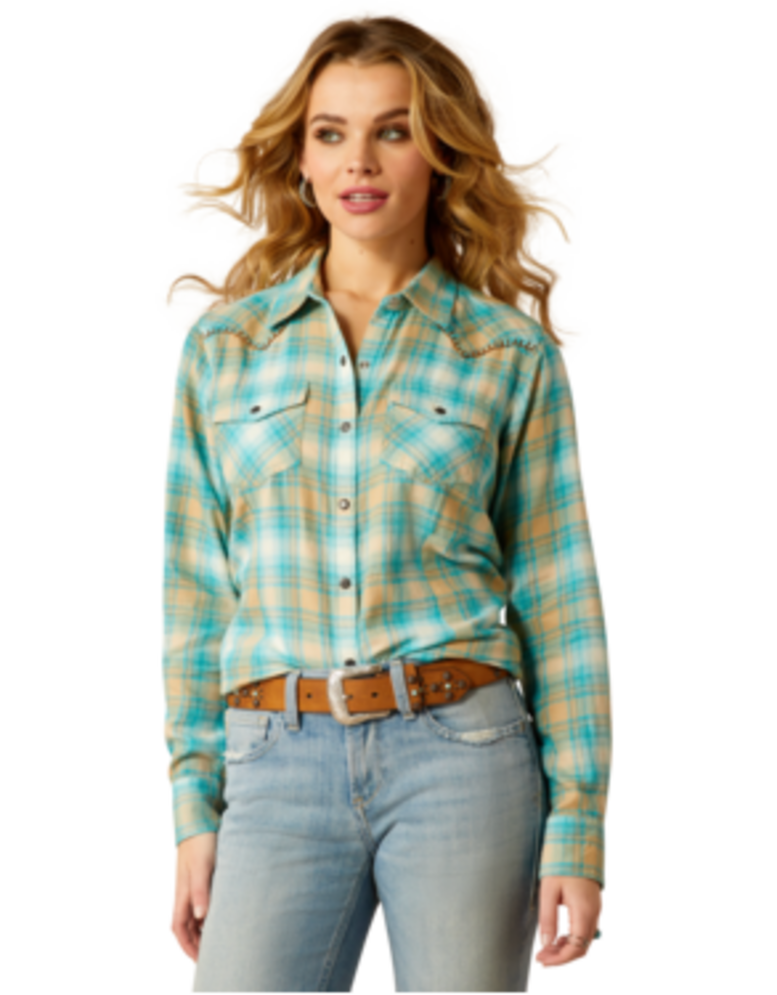 Ariat Womens Ariat Turquoise Tan Brushed Cotton Plaid Long Sleeve Button Shirt ~ Plus Sizes Available