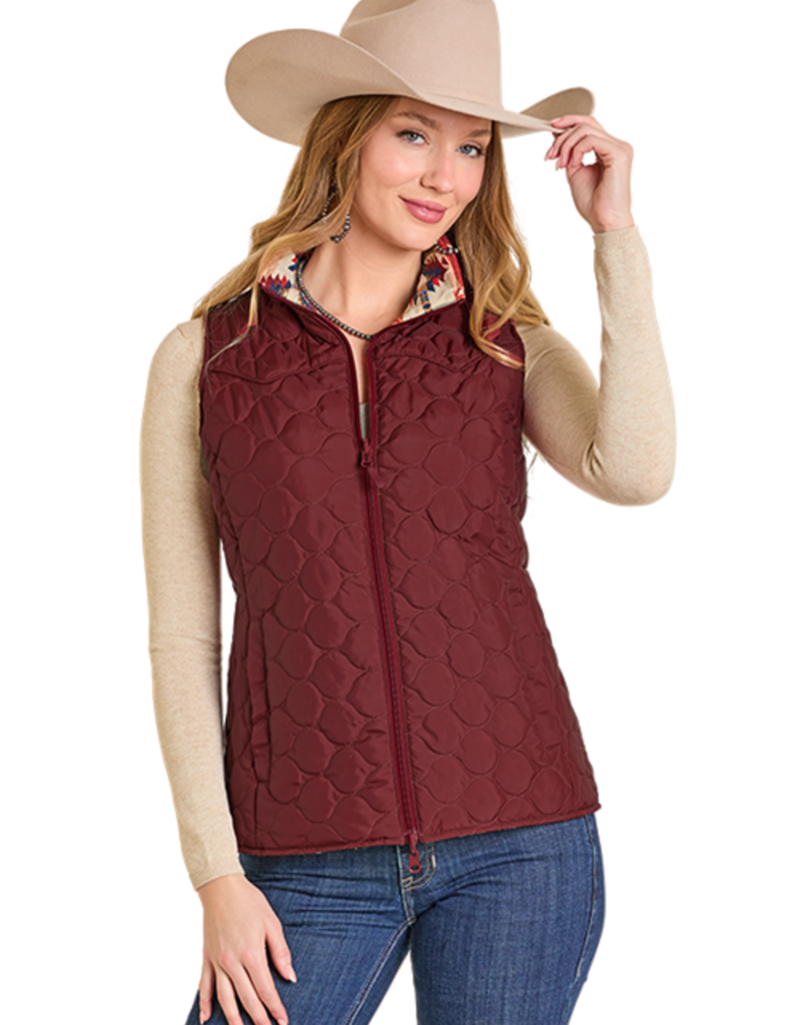 Womens Reversible Burgundy Aztec Western Quilted Puffer Vest