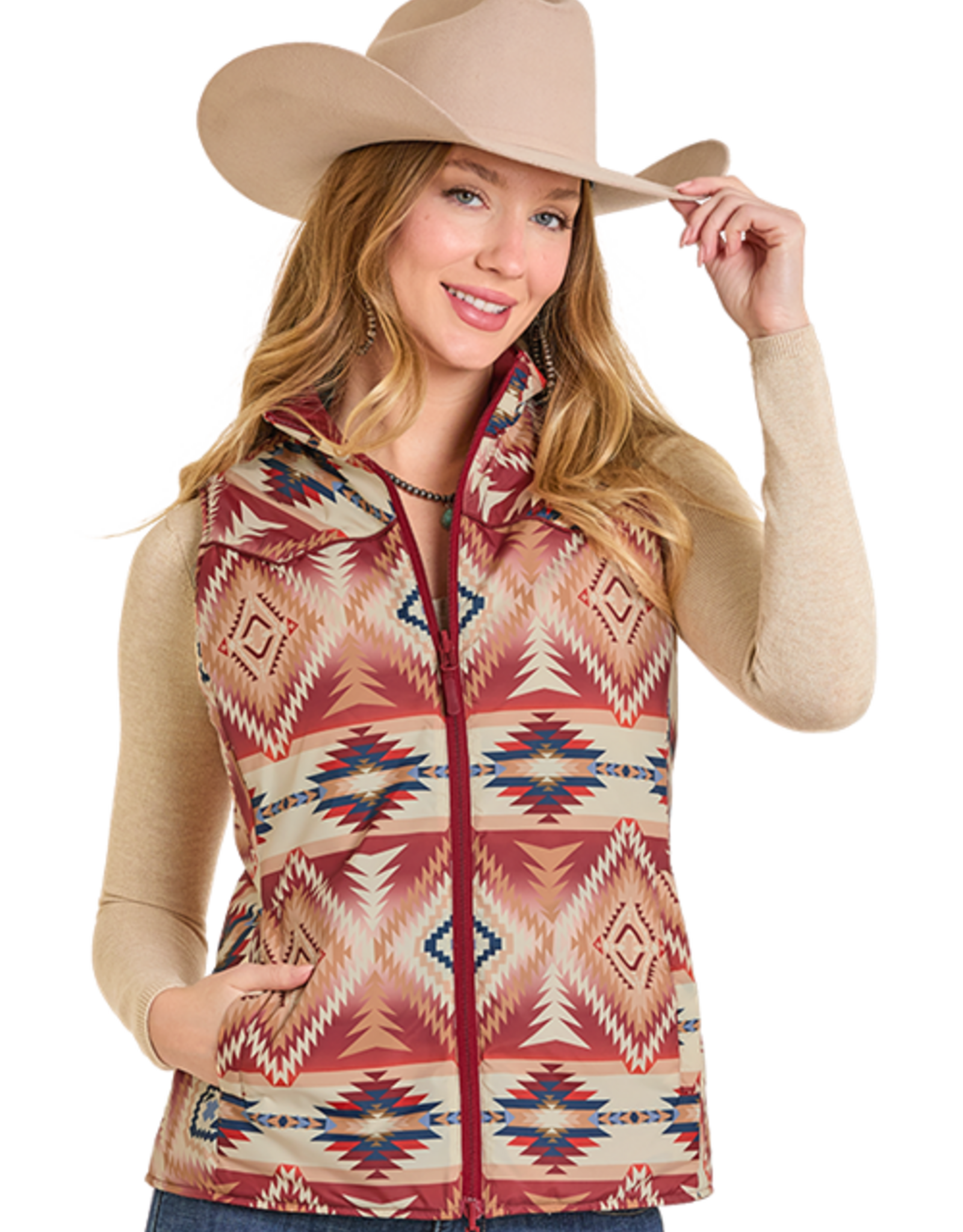Womens Reversible Burgundy Aztec Western Quilted Puffer Vest