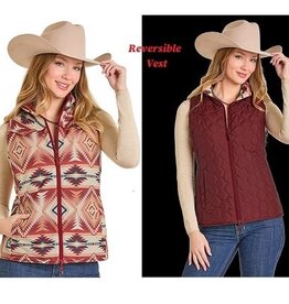 Womens Reversible Burgundy Aztec Western Quilted Puffer Vest