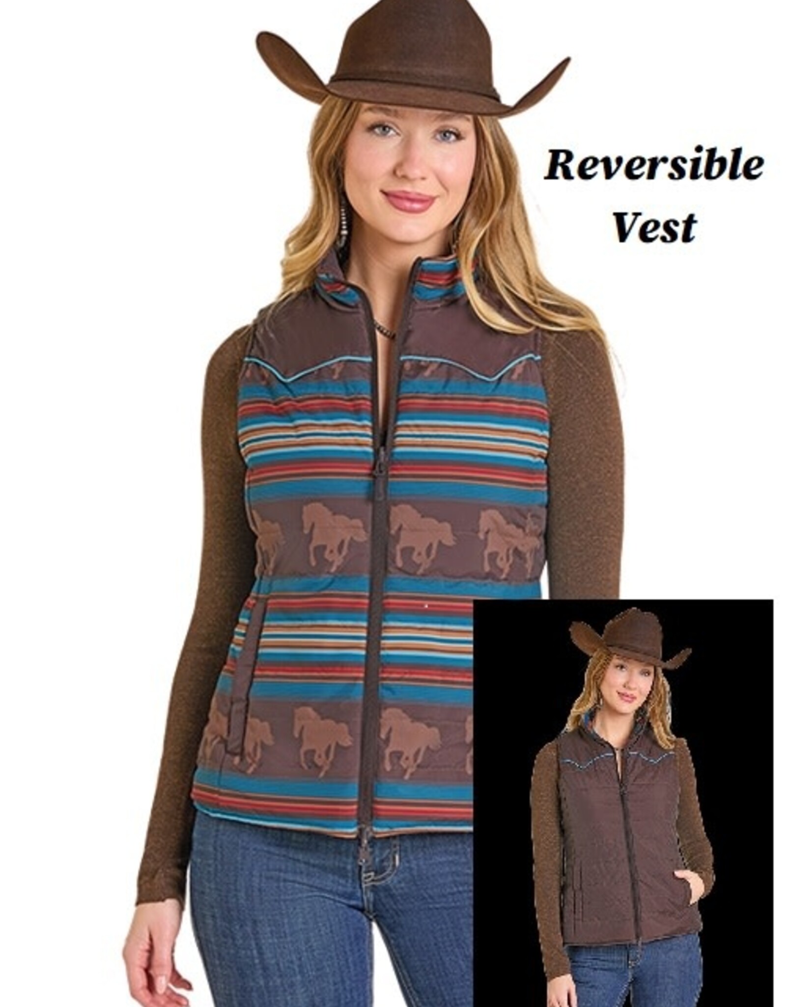 Womens Reversible Chocolate Running Horse Western Quilted Puffer Vest